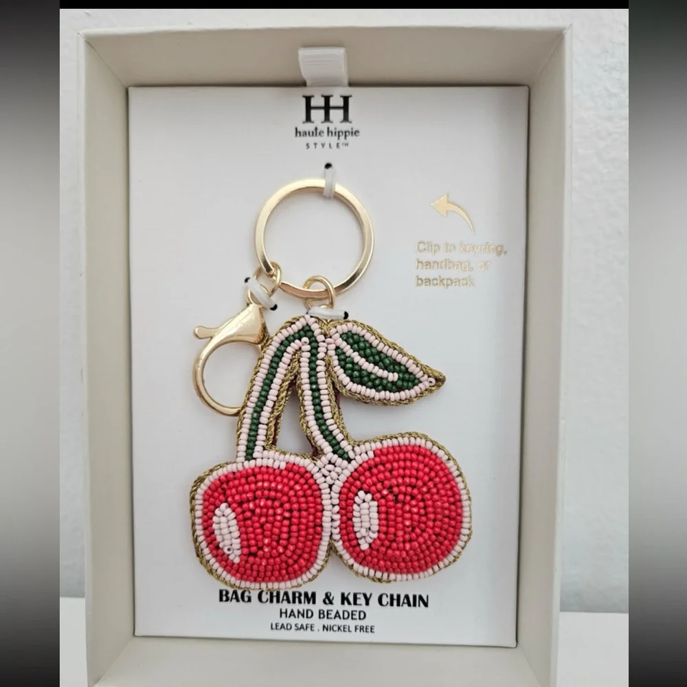 HAUTE HIPPIE STYLE Hand-Beaded Crafted Cherry Keychain Bag Purse Charm NEW NWT